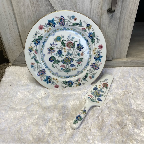 Andrea by Sadek Cake Plate & Server Set Multicolor Floral/Leaf Design W/GoldRim - Picture 6 of 9